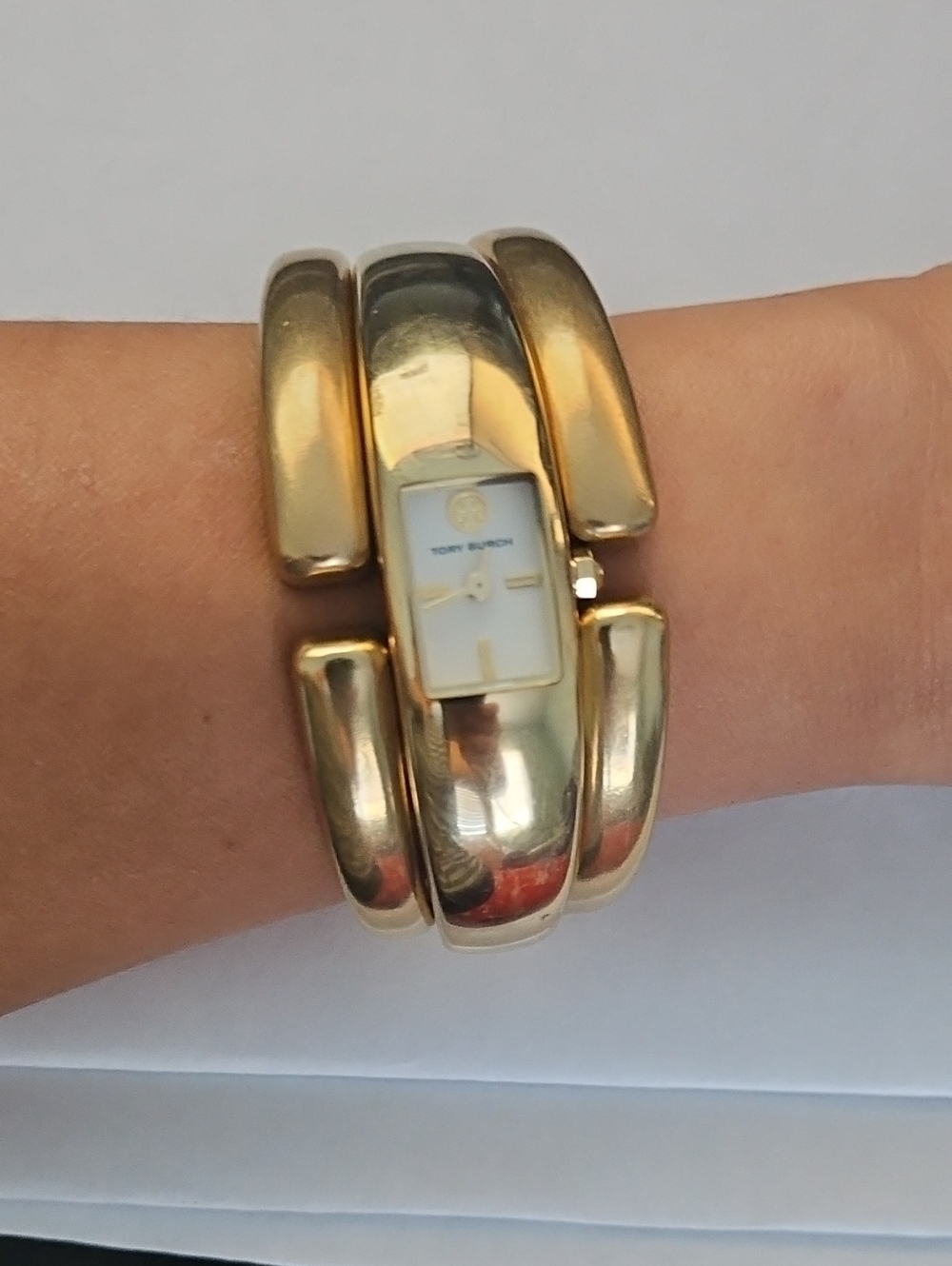 Tory Burch Gold and White Bangle Watch